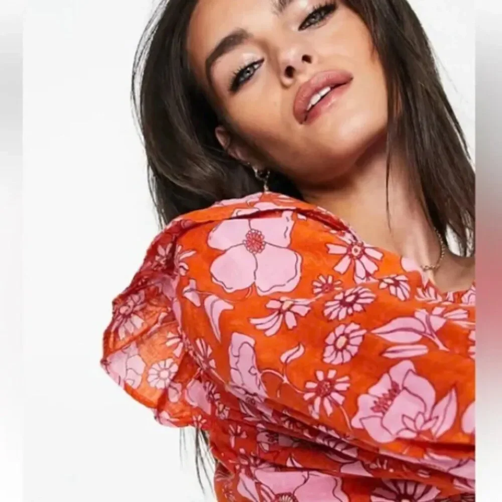 FREE PEOPLE Miss Daisy Floral Off Shoulder Top Ruffle Puff Sleeve Heat Wave Sz M